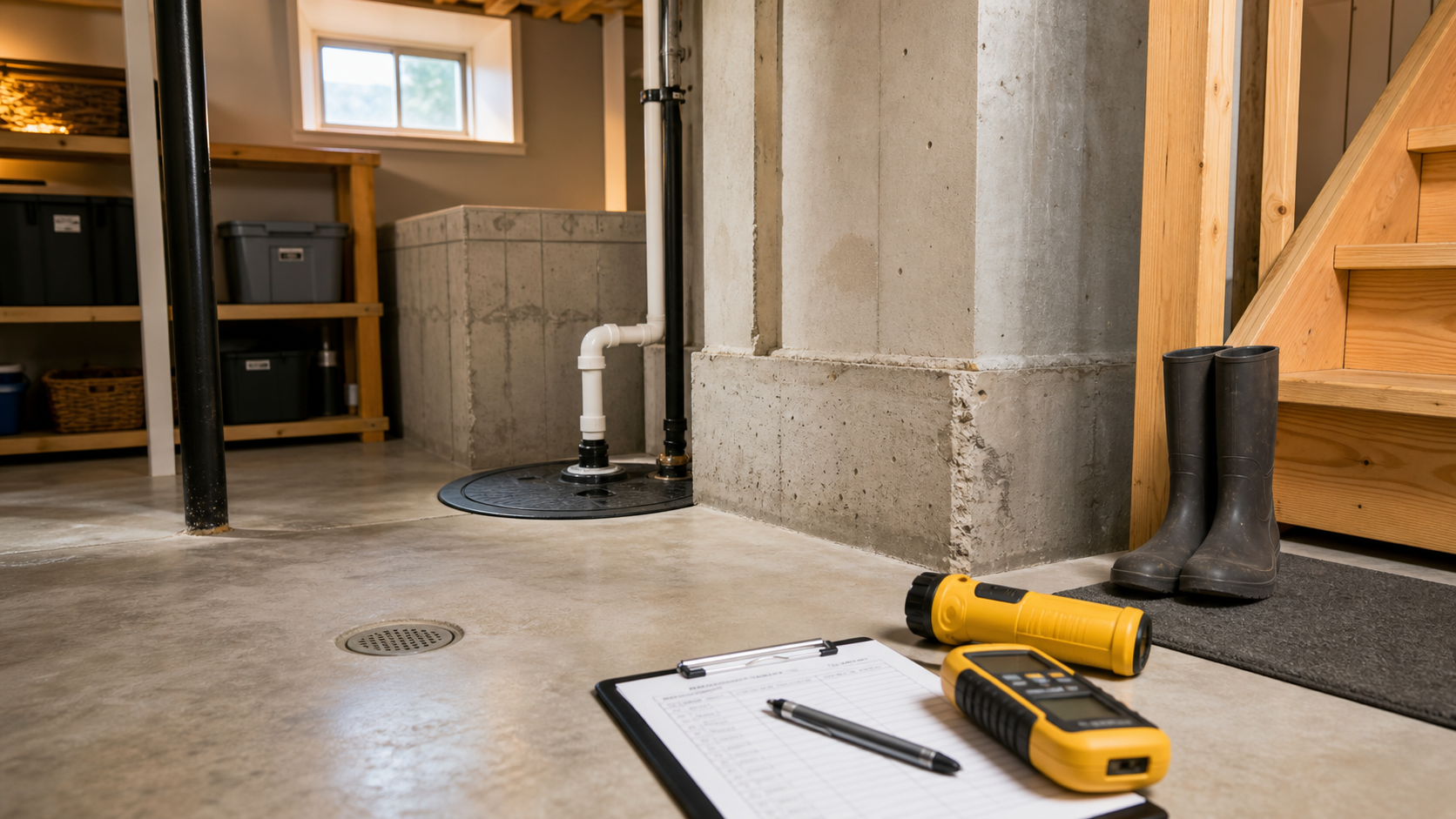 加拿大住宅地下室內的 sump pump、地漏、混凝土牆角、手電筒、濕度計與看屋檢查表,用於說明買房前地下室漏水風險查核。