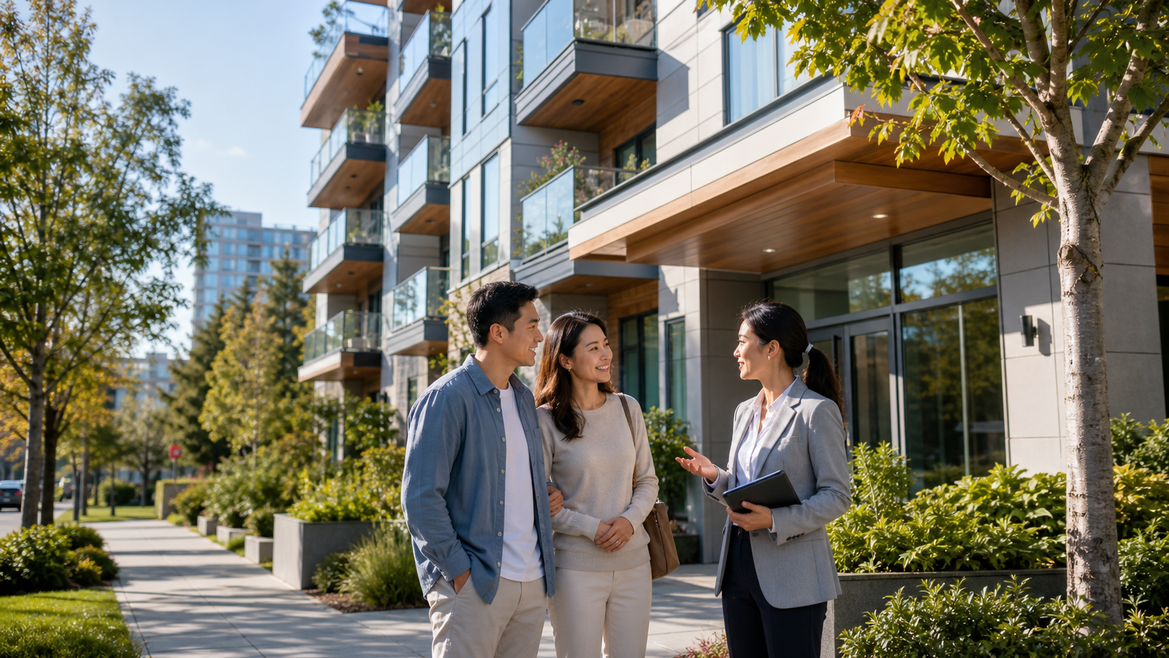加拿大現代 condo 社區入口旁,買家與保險顧問在綠化步道旁討論公寓保險責任邊界