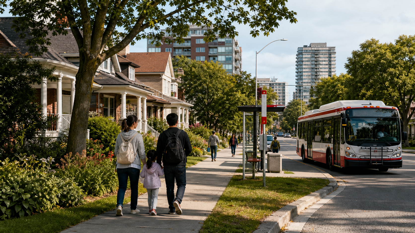 多倫多住宅街道旁,一家人在綠蔭人行道上行走,旁邊可見 TTC 公車與中低層住宅社區